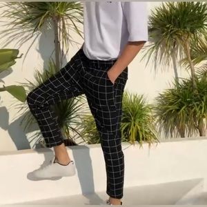 Oluolin Fashion Navy Blue Men’s Skinny Fit Plaid Dress Pants XL-36/30, X-HBKJ321